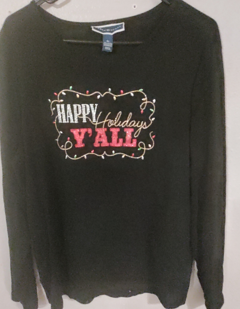 Karen Scott Happy Holidays Y'ALL Long sleeve Black Shirt Pre-owned Size XL